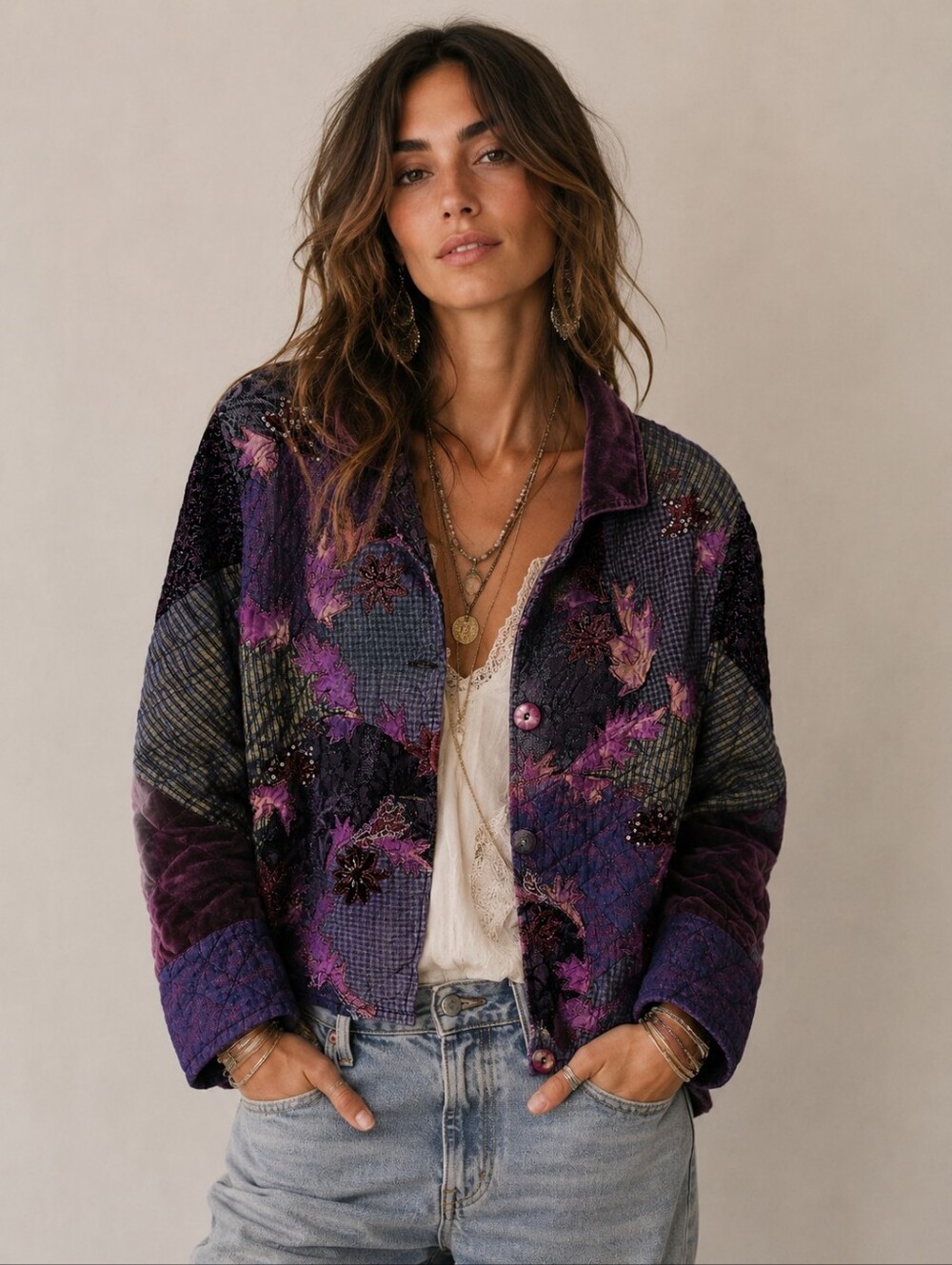 Vintage Bellessa Boho Patchwork Jacket Size XL Purple Embellished Beaded